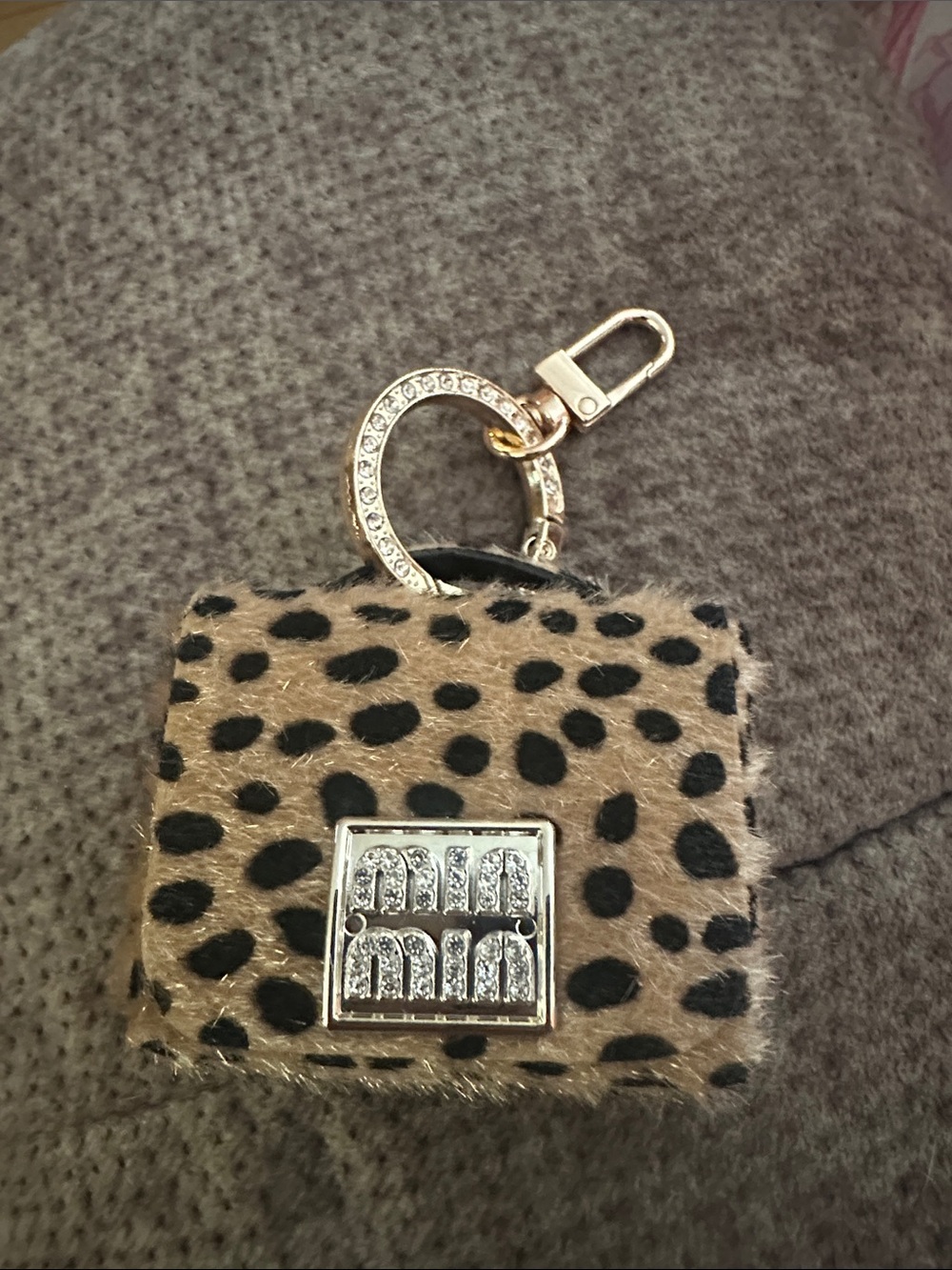 Leopard Print Mini Bag Charm Keychain with Rhinestone Accent